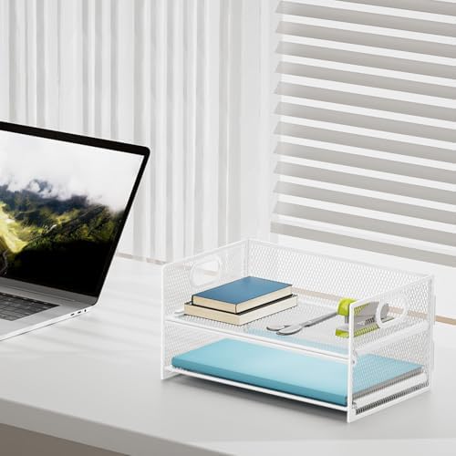 Marbrasse 2 Tier Paper Organizer Letter Tray, Mesh File Organizer with Handle, Paper Sorter Desk Organizer for Home Office Supplies - White - Image 3