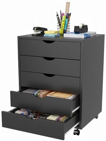 5 Drawer File Cabinet with Wheels, Under Desk Storage Drawers, Black by ALPEN
