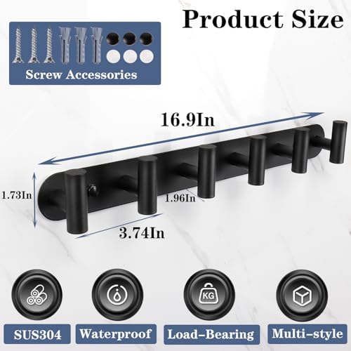 Wall Mounted Coat Hook Rack with 6 Heavy Duty Stainless Steel Hooks for Hanging Clothes, Jackets, Towels - Matte Black - Image 6