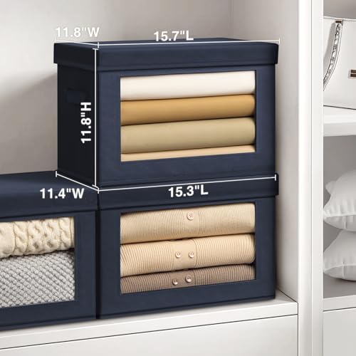 Homsorout Stackable Storage Bins with Lids - Large Storage Box with Lids, Foldable Closet Boxes for Organizing, Wardrobe Clothes Organizer with Window, Cubes Bins for Living Room, 3 Pack, Navy Blue - Image 2