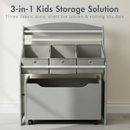 Humble Crew 3 in 1 Kids Bookshelf, Toy Organizer and Rolling Toy Box, Wood - Image 3