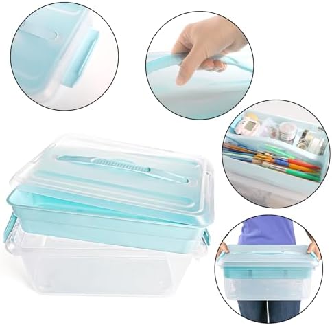 Yesland Stack & Carry Box with Removable Tray, 16 x 11 x 6.5 Inch Plastic Art Supply Storage Organizer Craft Storage Containers with Handle, Portable Organizer Bin for Stationery Sewing Jewelry, Blue - Image 3