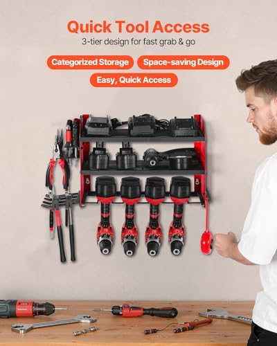 VEVOR Power Tool Organizer Wall Mount, 3-Layer Storage Rack with 4 Drill Holders, Tools Holder and Storage Rack with Side Pegboards, Garage Tool Organizer for Garage, Workbench, and Workshop - Image 2