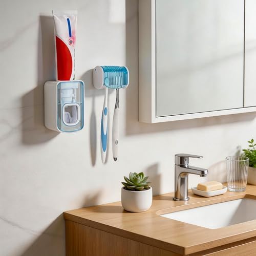 2 Slots Wall Mount Toothbrush Holder with Cover, Self Adhesive Toothbrush Storage Organizer for Shower, Toothbrush Hanger with Automatic Toothpaste Squeezer Dispenser(Blue) - Image 6