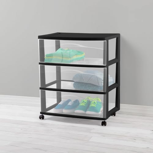 Sterilite 4 Pck Wide 3 Drawer Storage Cart Plastic Rolling Organizer, Black - Image 2