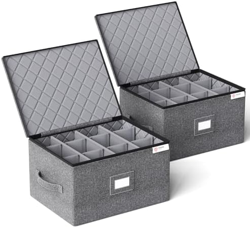 YearningHome 2 Pack Wine Glass Storage Box with Dividers,Stemware Storage Cases with Sturdy Handle and Hard Shell for Glassware Crystal Storage,Transport and Moving,Holds 24,Grey by YEARNINGHOME