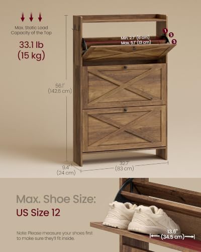 VASAGLE Narrow Shoe Storage Cabinet Organizer with 3 Flip Drawers - Image 2