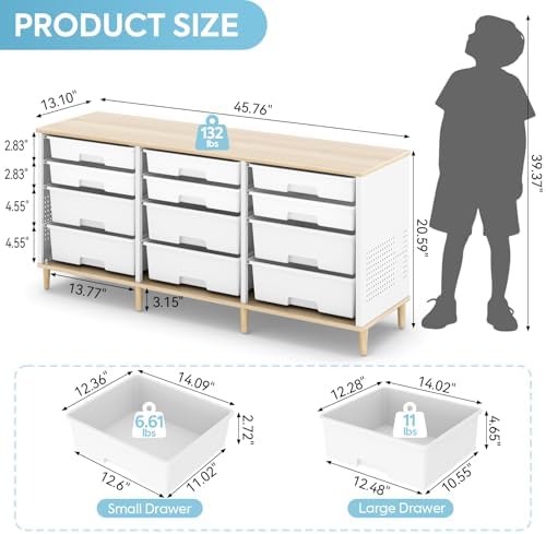 TOOLF 12 Drawers Storage Cabinet with Wooden Top and Plastic Bins, White - Image 3