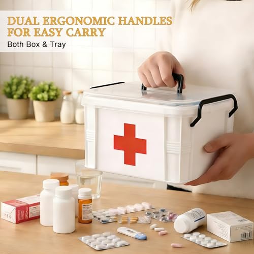 2 Pack Clear Medicine Organizer Box with Handle, Plastic Medicine Container with Tray First Aid Box Empty, Thickened Medicine Storage Organizer Multipurpose Medication Organizer Storage, White - Image 6