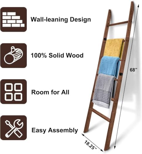 Blanket Ladder for Living Room and Bedroom,6-Tier Decorative Display Ladder Shelf,Ladder Rack for Storage and Decor,Wall Leaning Farmhouse Blanket Storage,Towel Rack, Bathroom,Brown - Image 2