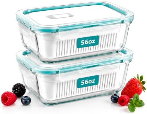 2 Pack 56oz Glass Berry Container for Fridge,with Removable Colander and Vent Valve,Fresh Fruit and Vegetable Storage Set by Unknown