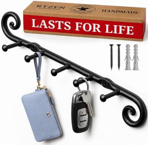 RTZEN Farmhouse Small Key Holder for Wall, Wrought Iron Wall Mount Rack by RTZEN