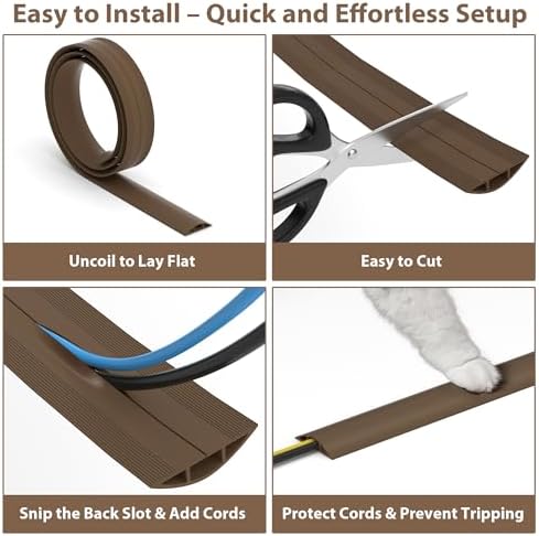 ZhiYo 6ft Floor Cord Cover, Cable Cavity 0.6" W x 0.32" H, Coffee Brown - Image 2