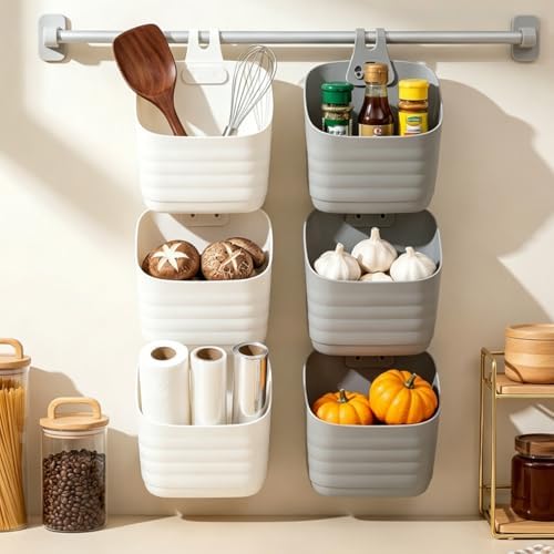 Noamus 6 Pack Plastic Hanging Basket for Kitchen, Over Cabinet Door Organizer with Removable Hook, Stackable Wall Mounted Storage Shower Caddy, No Drilling Shelf Bins for Food Bathroom Pantry Closet by Noamus