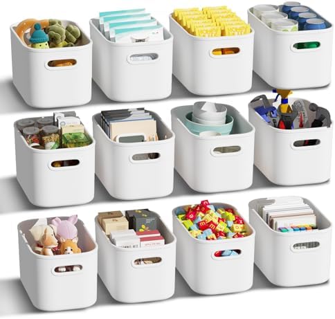 ORGIDOL 12 Pack White Plastic Storage Bins, Storage Container for Organizing, Storage Boxes with Handle for Shelves, Cute Organizer Bins for Craft, Snacks, Pantry, Cabinet, 9.69x6.7x5.7 inch by ORGIDOL