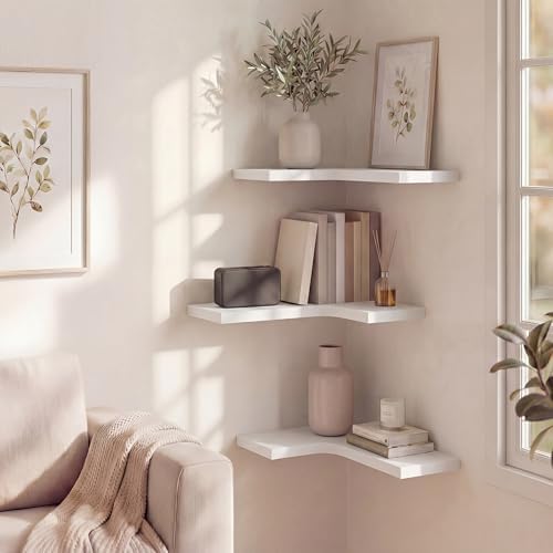 Corner Floating Shelves for Wall Mounted L-Shaped Wood Corner Wall Shelf, Hanging Shelf for Bathroom, Bedroom, Kitchen, Living Room, Office, Home Decor, Set of 3 (White) - Image 3