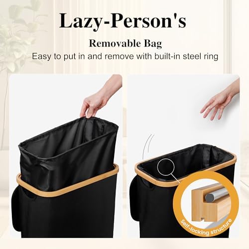 Foluck Slim Laundry Hamper, 60L Waterproof Narrow Laundry Basket with Lid and Removable Bag, Collapsible Tall Clothes Hamper with Bamboo Handles for Clothes Toys in Dorm Bedroom Bathroom, Black - Image 3