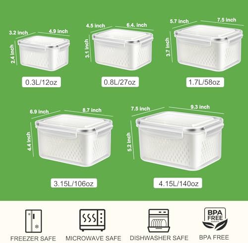 5 Pack Fruit Storage Containers for Fridge with Removable Colander, Produce Containers BPA-free Fridge Organizer to Keep Berry Lettuce Vegetable Fresh, Dishwasher & Microwave Safe - Image 2