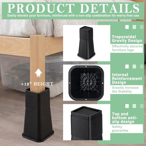 Novabright 12 Inch 4 Pack College Dorm Bed Risers,Black - Image 3