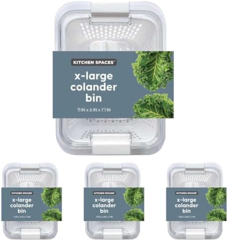 Kitchen Spaces Colander Bin, Produce Saver, Fridge Organizer With Lid, Wash, Strain and Store, Great for Refrigerator, Freezer and Pantry, White, X-Large (Pack of 4) by KitchenSpaces