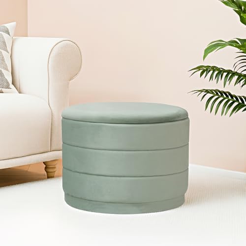Round Storage Ottoman, 22.8" Velvet Footstool, Sage Green - Image 2
