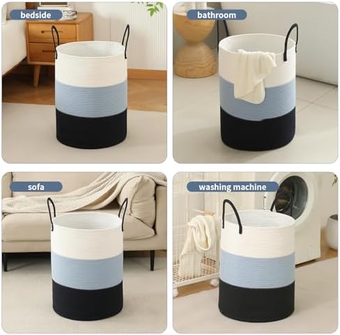 Laundry Basket Hamper Tall Rope Storage Woven for Blanket toys Dirty Clothes in Living Room Bathroom Bedroom (Gradient Blue, 60L/15.8Gal) - Image 4