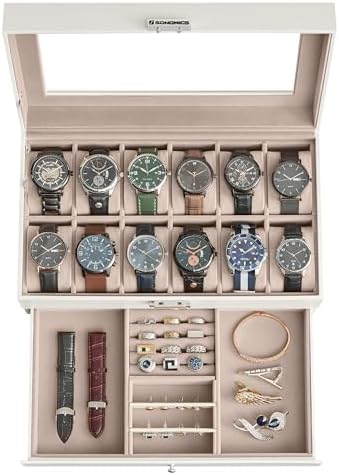 SONGMICS 12-Slot Watch Box, Lockable with Glass Lid, 2 Layers Watch Case by SONGMICS