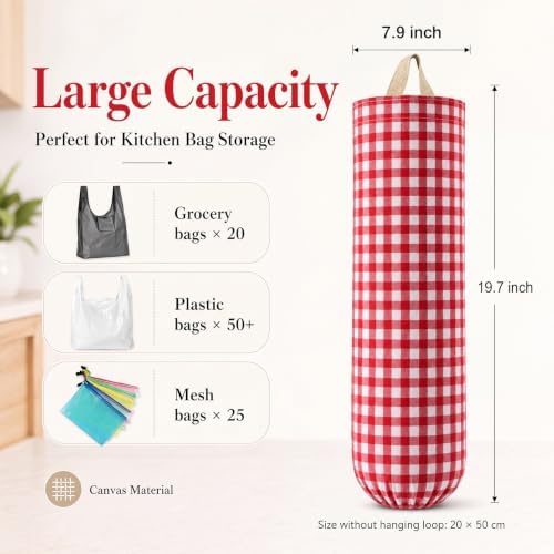 Gingham Plastic Bag Holder for Grocery Bag, Red - Image 2