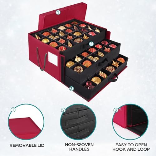 BlessedSeason Christmas Ornament Storage Box，Stackable 3 Drawer Organizers，Max 72 3" Christmas bauble, Adjustable Christmas Ball Storage Container Bins, Red - Image 3