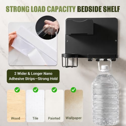 Floating Bedside Wall Shelf, Metal Wall Organizer with Detachable Cup Holde - Image 3