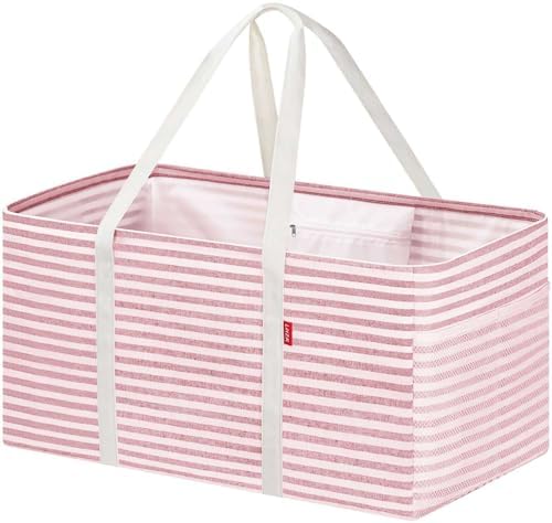 LHZK Standing Extra Large Utility Tote Bag with Metal Wire Frame and the Sides Rinforced, Extra Large Tote Bag with Handle, Reusable Grocery Bags Foldable, Beach Bag, Car Tote (Pink, 26''x15''x13'') by LHZK