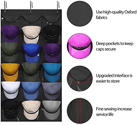 Dofilachy Hat Rack - Hat Organizer - Hat Racks for Baseball Caps, Visible Hat Holder - Baseball Hat Rack for Wall Door with 3 Hooks, 18 Deep Pockets(Black, medium) - Image 2