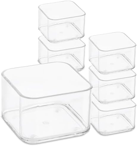 primebox Plastic Clear Acrylic Drawer Organizers. Bathroom, Kitchen, Bedroom, Utensils, Office Organizer Bins, Storage Trays. Heavy Duty, Stackable. 3" x 3" x 2" Set of 6 by primebox