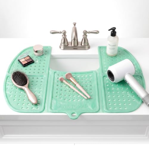 Sink Topper Bathroom Counter Cover & Storage Saver, Foldable Silicone Mat for Hot Tools, Hair Styling & Makeup, Beauty Brush Cleaning Mat, RV Camper Sink Cover & for Small Spaces (Large Green) by SinkTopper