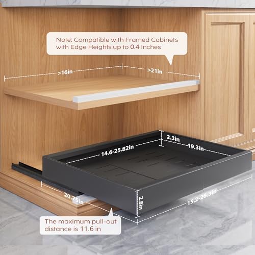 Seinloes 4 Pack Pull Out Cabinet Organizers 21" Deep With Raising Pad for Framed Cabinets, Expandable Width (15.2"-26.3") Slide Out Drawers Upgrade 3 Slide Rails, Roll Out Shelves Adhesive, Black - Image 4