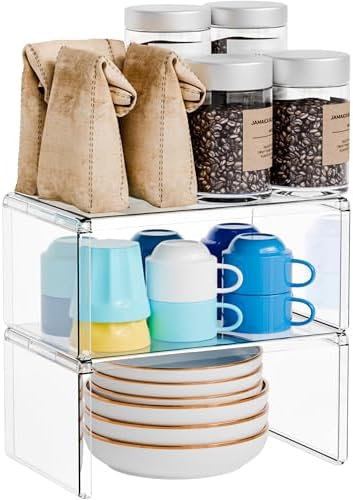 Yieach 2 Pack Acrylic Cabinet Organizer,2 Tier Stackable Shelves for Cabinets,RV Pantry Organization,Counter Space Saver Desk Organizers,Cupboard Shelf and Cabinet Stand & Risers for Mug,Cup,Dish by Yieach