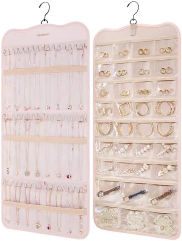 BAGSMART Hanging Jewelry Organizer Storage with Hanger Metal Hooks Double-Sided Jewelry Holder for Earrings, Necklaces, Rings on Closet, Wall, Door, 1 piece Large Pink by BAGSMART