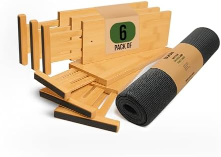 Bamboo Drawer Dividers 6 Pack with Non Slip Liner, Adjustable Expandable Drawer Organizer for Dresser, Kitchen, Bathroom, 4.5 Inch Tall Separators for Clothes, Fits 12 to 17.5 Inch Drawers by Blylix