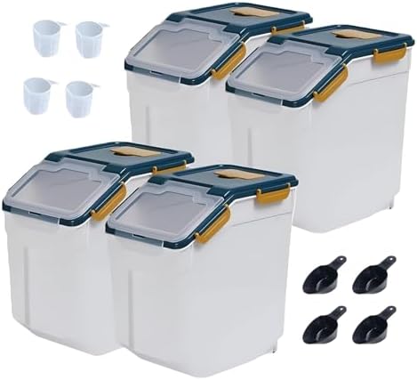 Large Flour Storage Container Bin 25lb, 4Pack Airtight Rice Storage Containers with Wheels Seal Locking Lid, BPA Free with Measuring Cup&Scoop for Flour, Rice, Grain(Blue) by Qiveno