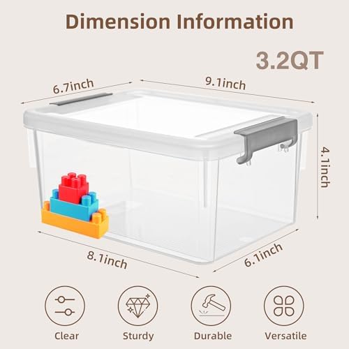 Small Storage Bins with Lids 3.2 QT Plastic Storage Containers for Organizing Stackable Clear Storage Boxes,Clear White(6 Packs) - Image 2