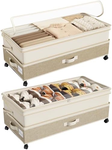 Kitstorack 2Pack Height-adjustable Under Bed Storage with Wheels, Under Bed Storage Containers,Under Bed Shoe Storage Organizer with Clear Window&Label, Suitable for Clothes Storage, Beige & Linen by Kitstorack
