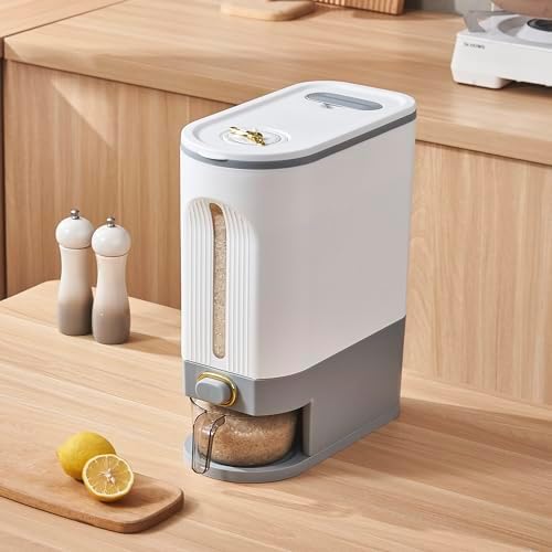 Sooyee 22 Lbs Rice Dispenser with Measuring Cup, White and Grey - Image 6