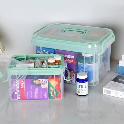 Set of 2 Medicine Organizer - Plastic Storage Box with Handle Green - Image 2