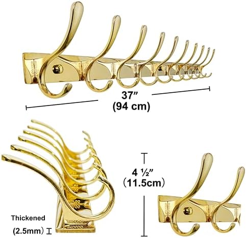 SKOLOO Wall Mounted Coat Rack - 10 Hooks, Heavy Duty, Stainless Steel, Metal Wall Hangers, Sturdy Coat Hooks for Hanging Coats, Jacket, Clothes, Hat, Bright Gold - Image 5