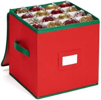 Christmas Ornament Organizer and Storage Box - Tear-Proof Non-Woven Container with 3-Inch Cube Compartments and Dual Zippers - Holds 64 Ornaments - Red by Poxel