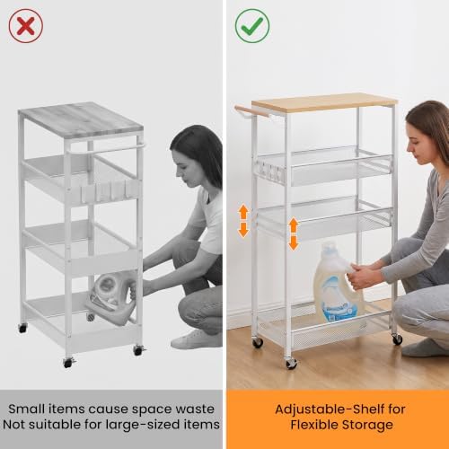 Slim Storage Cart with Adjustable Shelf, 4 Tier 9.1" Wide Narrow Rolling Utility Cart with Wooden Tabletop, Small Metal Mobile Shelf Unit Organizer Trolley for Laundry, Bathroom, Kitchen - Image 2