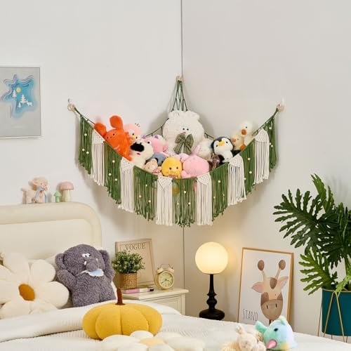 Pretty Jolly Stuffed Animal Hammock with Weaving Tassels and Beads Avocado Green - Image 4