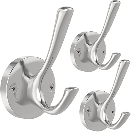 TOFIIGREM Brushed Nickel Robe Hooks Towel Hooks, 3 Pack Coat Hook Heavy Duty Mudroom Hook Double Bathrobe Hook Wall Mounted, Hat Hooks for Entryway Bathroom Kitchen Closet by TOFIIGREM