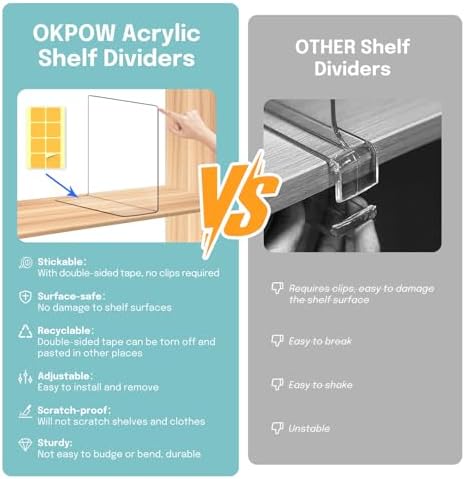 OKPOW Shelf Dividers for Closet Organization: 12 Pack Durable Clear Acrylic Divider Organizer for Shelves - Vertical Adjustable Shelving Separators for Clothing Purse - Image 3