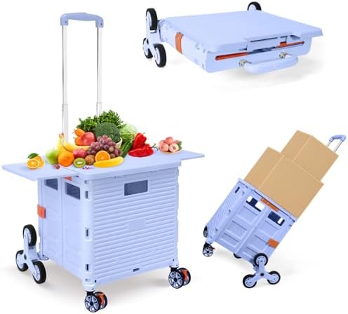 Foldable Utility Cart Folding Portable Rolling Crate with Magnetic Extended Lid,360°Rotate Wheels,176LBS Load Capacity,Heavy Duty Durable Dolly Cart(Blue) by ZIYOULANG